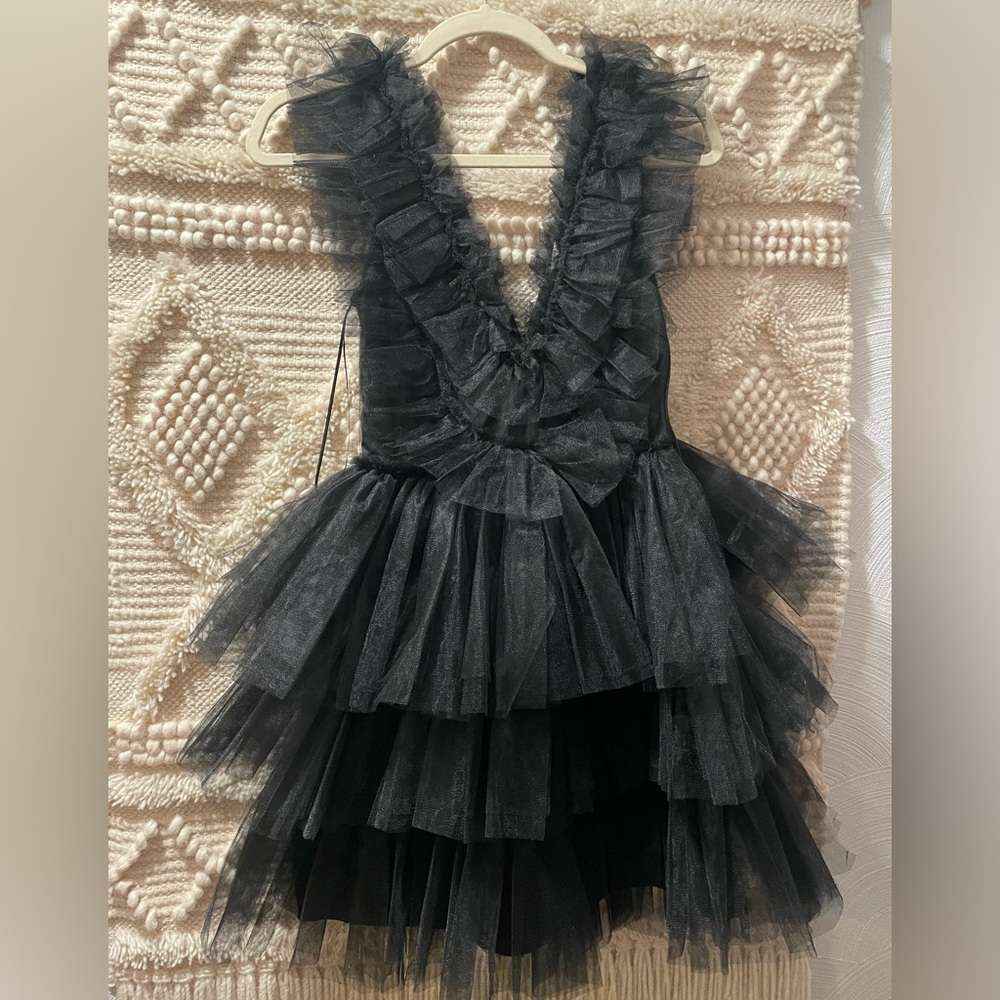 Black Layered Ruffle Mabel V Neck Dress Small